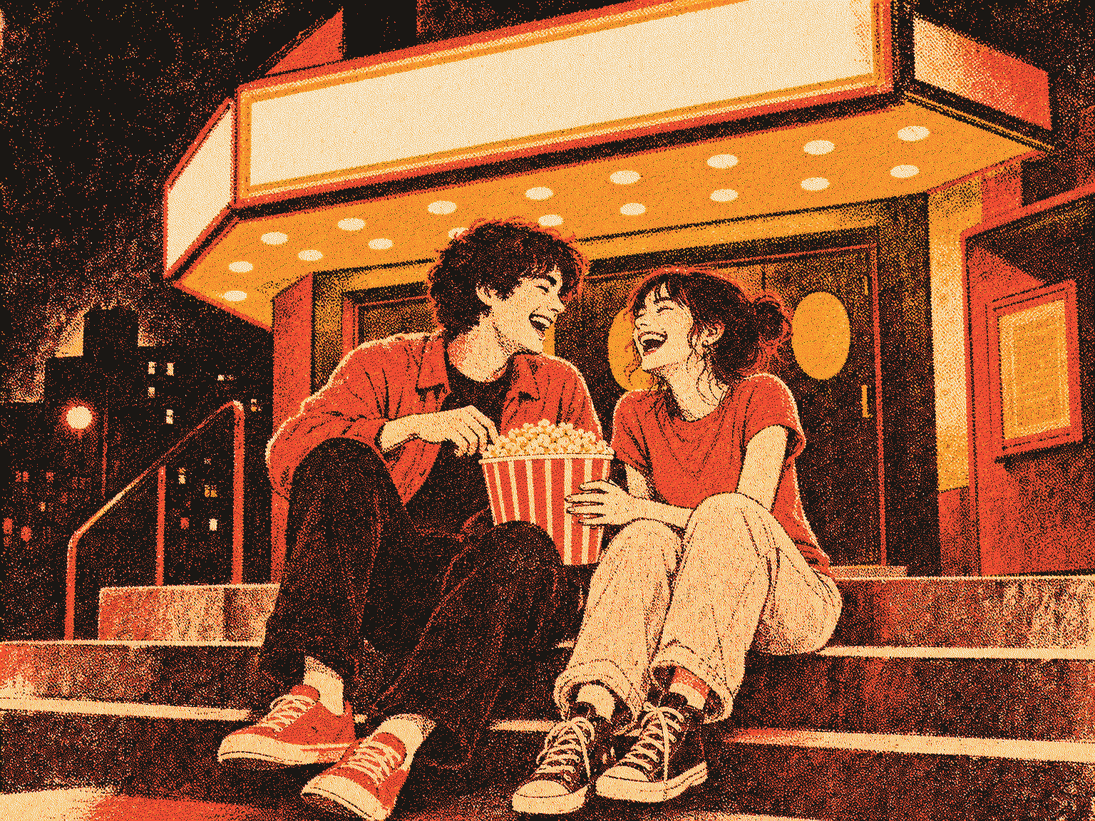 Risograph illustration: two people mid-laugh on the steps outside a cinema at night, sharing popcorn.