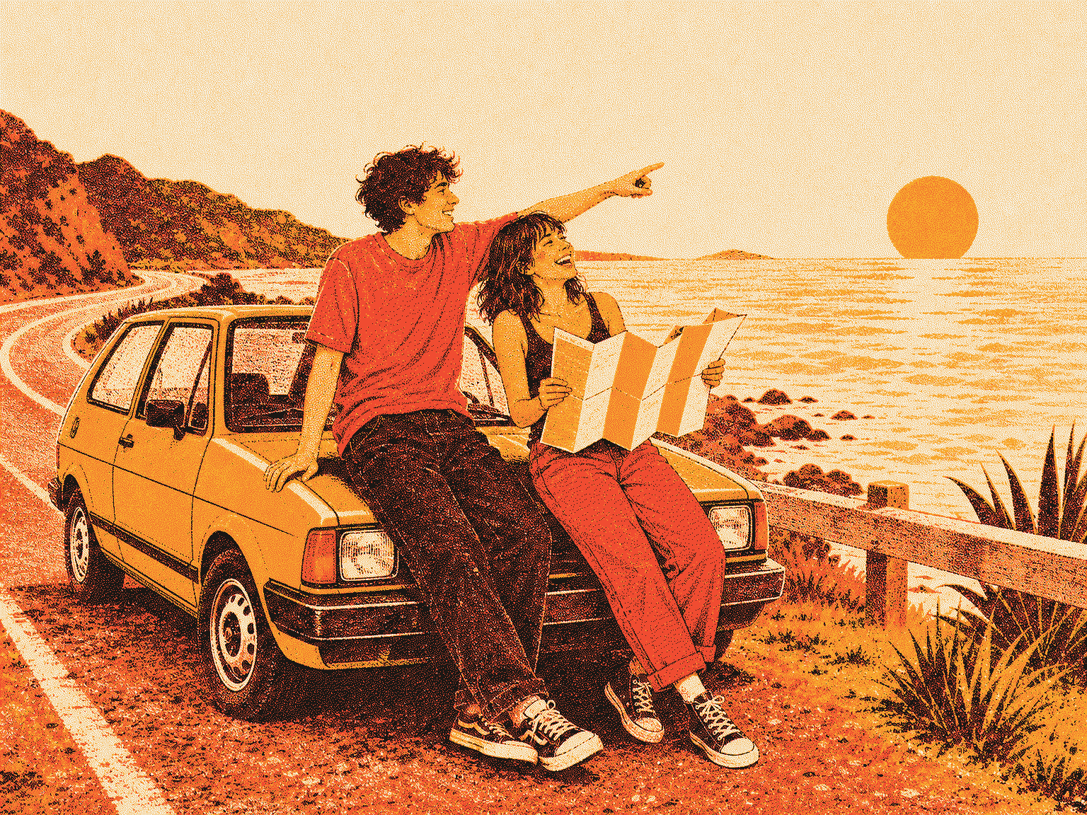 Risograph illustration: two friends leaning on a car hood on a coastal road at golden hour, one pointing at the horizon.